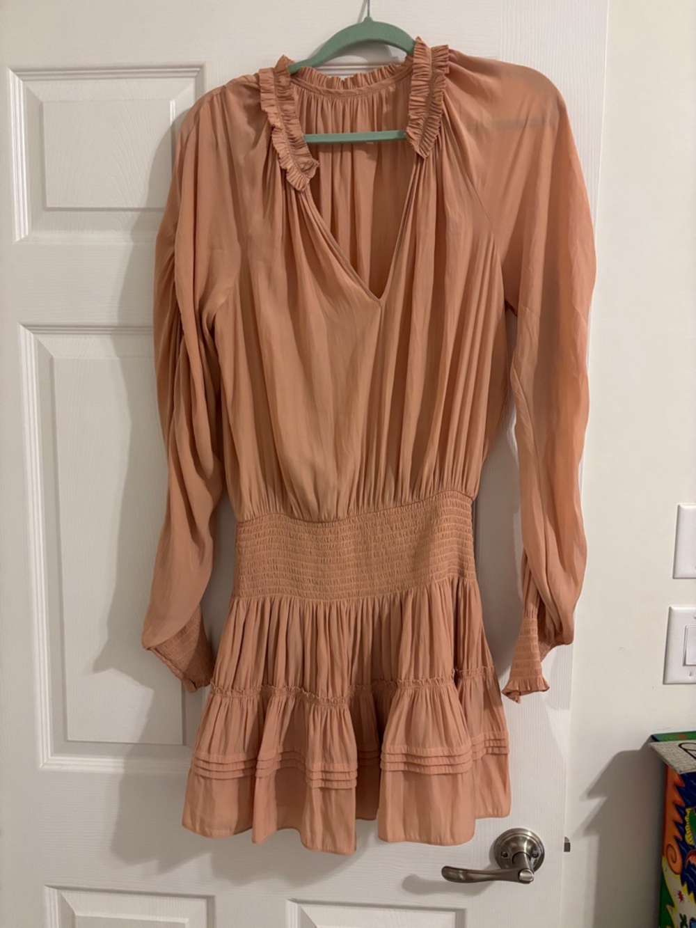 Womens Peach Long-Sleeve Ruffle Neck Mini Dress